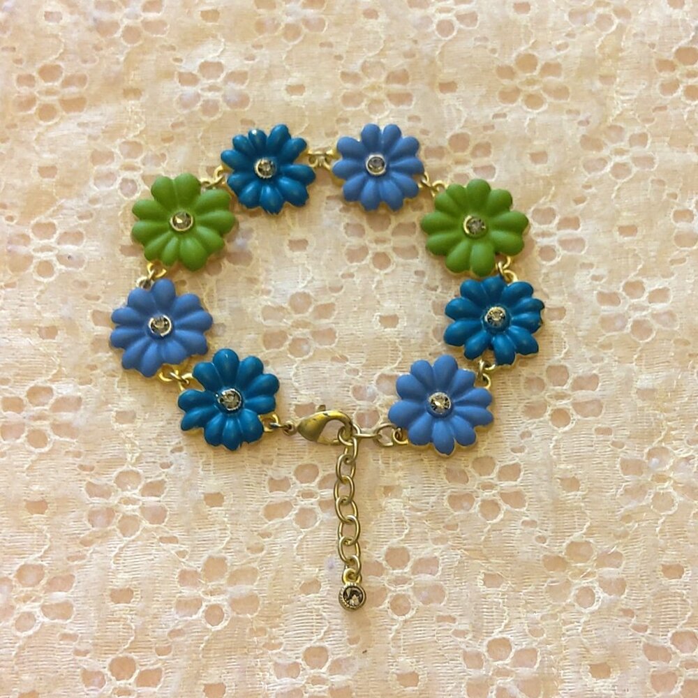 Vintage NEW Blue Green Art Deco Multi Floral Charms Silver Bangle Bracelet
